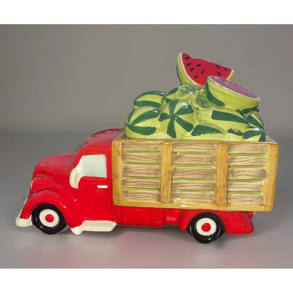 Vtg Pier 1 Imports Handpainted Watermelon Truck‎ Cookie Jar Red 10